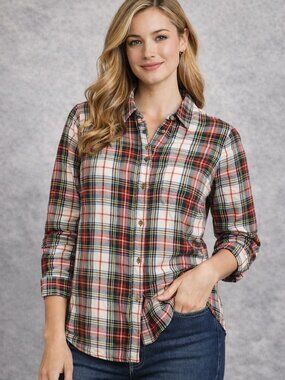 LL Bean Plaid Shirt Womens Large Relaxed Fit Button Front Long Sleeve